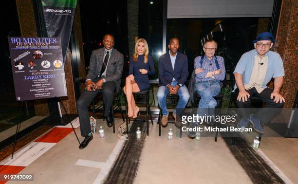 Theo Ratliff, Annalynne McCord, Lauren Gillman, Larry King, and Cal Fussman speak at "90 Minutes of Solutions?" Presented by Seanne N. Murray...