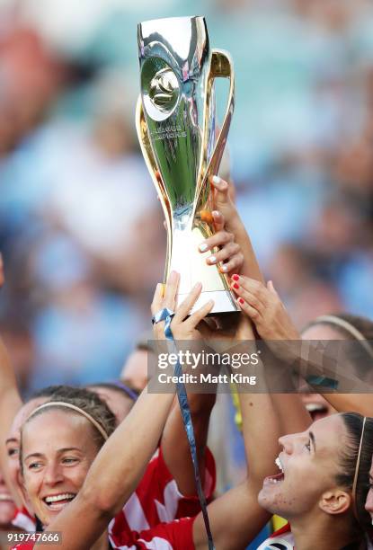 Captain Stephanie Catley of Melbourne City holds aloft the W-League trophy after victory during the W-League Grand Final match between Sydney FC and...