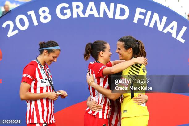 Ashley Hatch, Lauren Barnes, Yukari Kinga and Lydia Williams of Melbourne City celebrate victory during the W-League Grand Final match betweenSydney...