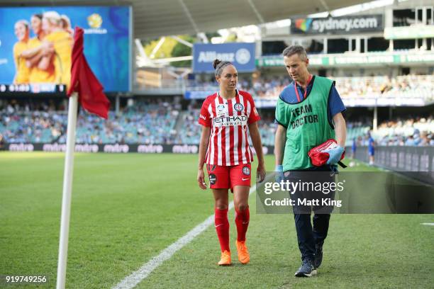 Kyah Simon of Melbourne City leaves the pitch with an injury during the W-League Grand Final match between Sydney FC and Melbourne City FC at Allianz...