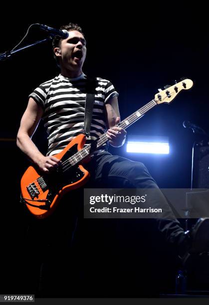 Mike Kerr of Royal Blood Performs At The Forum supporting Queens of the Stone Age on February 17, 2018 in Inglewood, California.