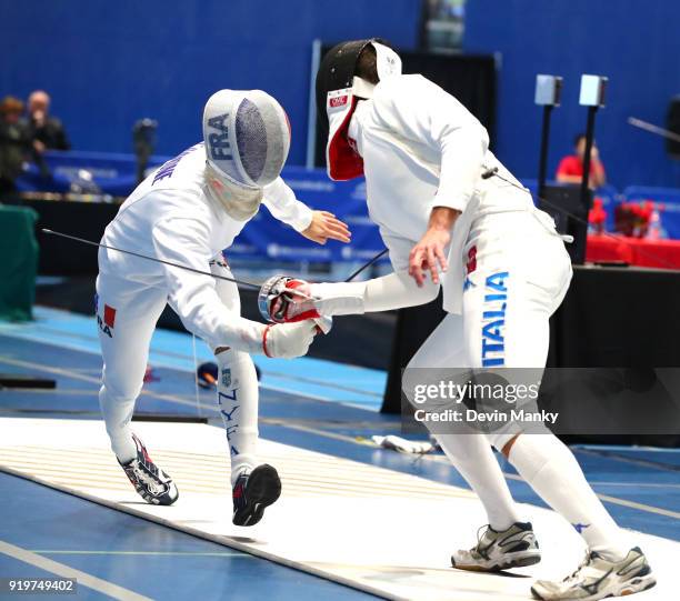 Romain Cannone of France fences Edoardo Munzone of Italy during competition at the Peter Bakonyi Men's Epee World Cup on February 17 2018 at the...