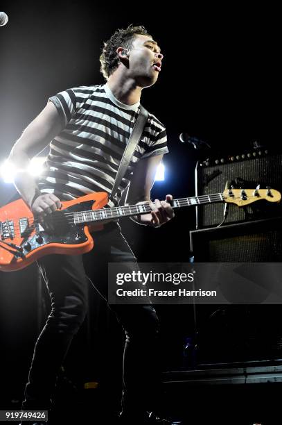 Mike Kerr of Royal Blood Performs At The Forum supporting Queens of the Stone Age on February 17, 2018 in Inglewood, California.