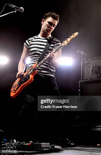 Mike Kerr of Royal Blood Performs At The Forum supporting Queens of the Stone Age on February 17, 2018 in Inglewood, California.