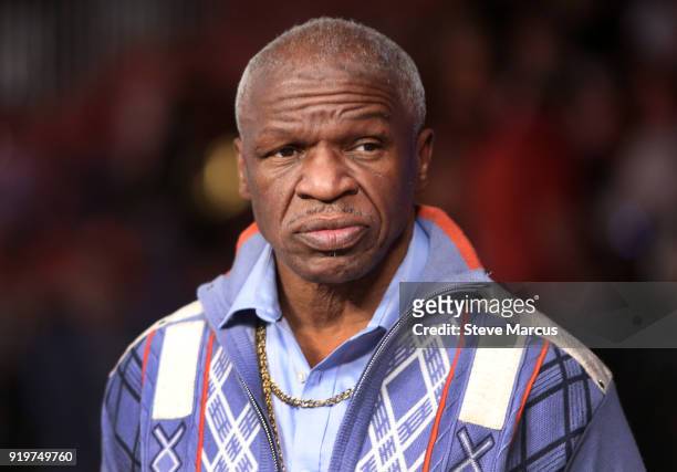 Boxing trainer Floyd Mayweather Sr. Waits for the start of a welterweight boxing match between Danny Garcia and Brandon Rios at the Mandalay Bay...