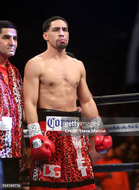 Danny Garcia waits for the start of a welterweight bout against Brandon Rios at the Mandalay Bay Events Center on February 17, 2018 in Las Vegas,...