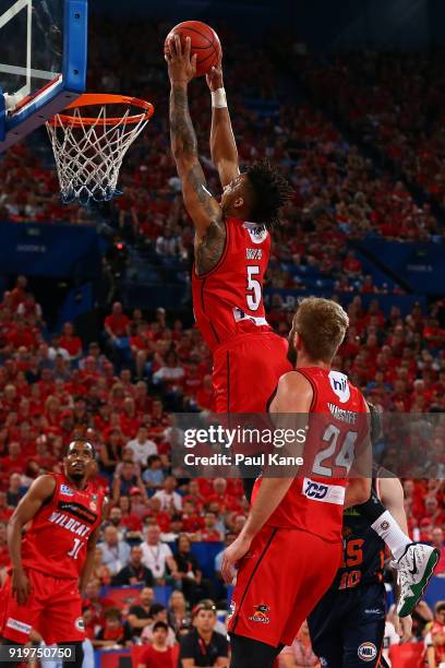 Jean-Pierre Tokoto of the Wildcats dunks the ball during the round 19 NBL match between the Perth Wildcats and the Cairns Taipans at Perth Arena on...
