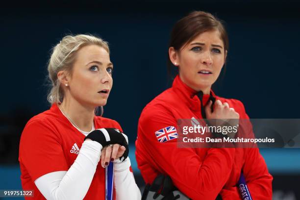 Anna Sloan and Eve Muirhead of Great Britain compete during the Women Curling round robin session 7 on day nine of the PyeongChang 2018 Winter...