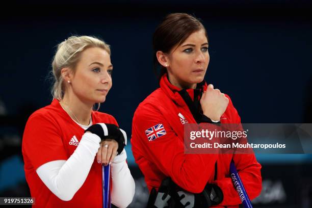 Anna Sloan and Eve Muirhead of Great Britain compete during the Women Curling round robin session 7 on day nine of the PyeongChang 2018 Winter...