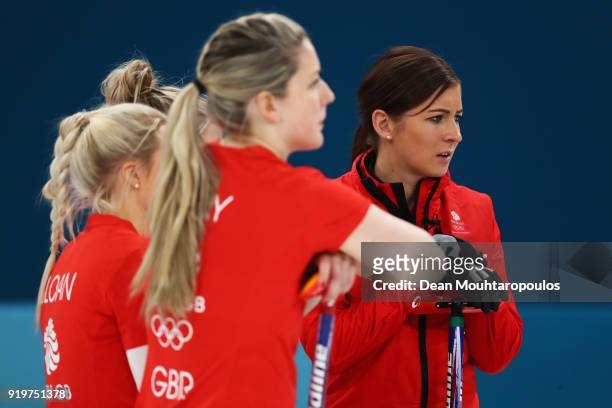 Anna Sloan, Lauren Gray, Vicki Adams and Eve Muirhead of Great Britain look on during the Women Curling round robin session 7 on day nine of the...