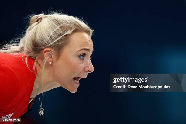 Anna Sloan of Great Britain gives her team instructions during the Women Curling round robin session 7 on day nine of the PyeongChang 2018 Winter...