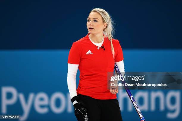 Anna Sloan of Great Britain gives her team instructions during the Women Curling round robin session 7 on day nine of the PyeongChang 2018 Winter...