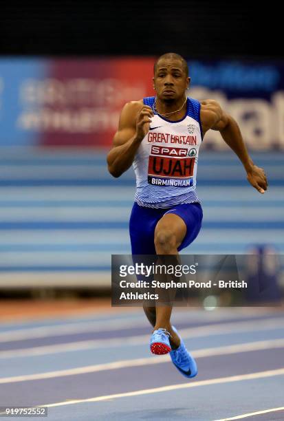 Chijindu Ujah of Great Britain competes in the mens 60m during day one of the SPAR British Athletics Indoor Championships at Arena Birmingham on...