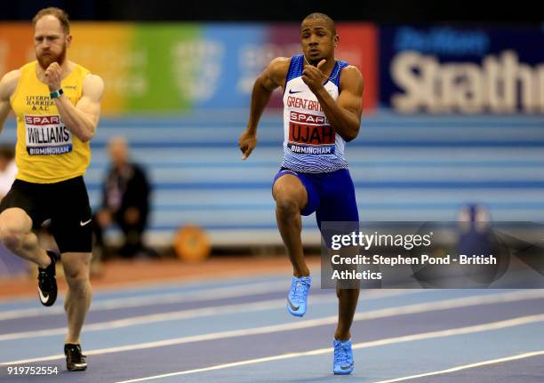 Chijindu Ujah of Great Britain competes in the mens 60m during day one of the SPAR British Athletics Indoor Championships at Arena Birmingham on...