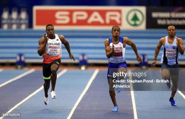 Chijindu Ujah of Great Britain competes in the mens 60m during day one of the SPAR British Athletics Indoor Championships at Arena Birmingham on...