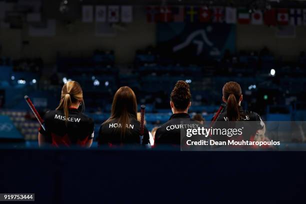 Rachel Homan, Emma Miskew, Joanne Courtney and of Canada compete during the Women Curling round robin session 7 on day nine of the PyeongChang 2018...