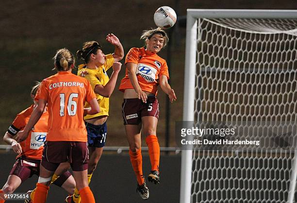 Brooke Spance of the Roar heads the ball during the round three W-League match between the Brisbane Roar and the Central Coast Mariners at Ballymore...