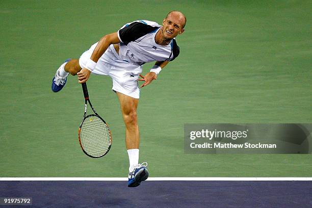 Nikolay Davydenko of Russia serves to Rafael Nadal of Spain during the final on day eight of the 2009 Shanghai ATP Masters 1000 at Qi Zhong Tennis...