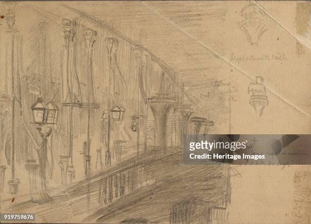 Study of London Bridge for 'London Bridge on the Night of the Marriage of the Prince and Princess of Wales', 1863. Verso Studies of a four-poster...