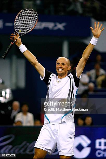 Nikolay Davydenko of Russia celebrates match point against Rafael Nadal of Spain during the final on day eight of the 2009 Shanghai ATP Masters 1000...