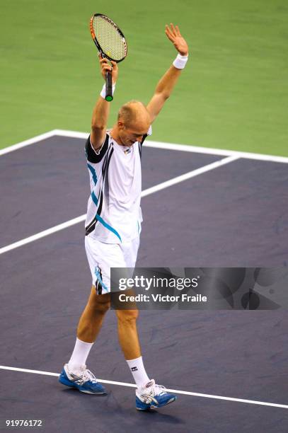 Nikolay Davydenko of Russia celebrates match point to Rafael Nadal of Spain during final match on day eight of 2009 Shanghai ATP Masters 1000 at Qi...