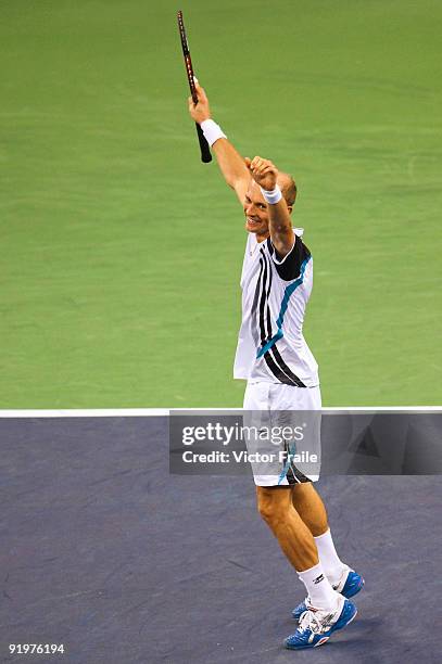 Nikolay Davydenko of Russia celebrates match point to Rafael Nadal of Spain during the final match on day eight of 2009 Shanghai ATP Masters 1000 at...