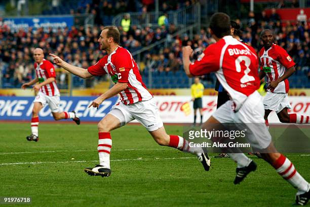 Lars Toborg of Ahlen celebrates his team's first goal during the Second Bundesliga match between TuS Koblenz and Rot-Weiss Ahlen at the Oberwerth...