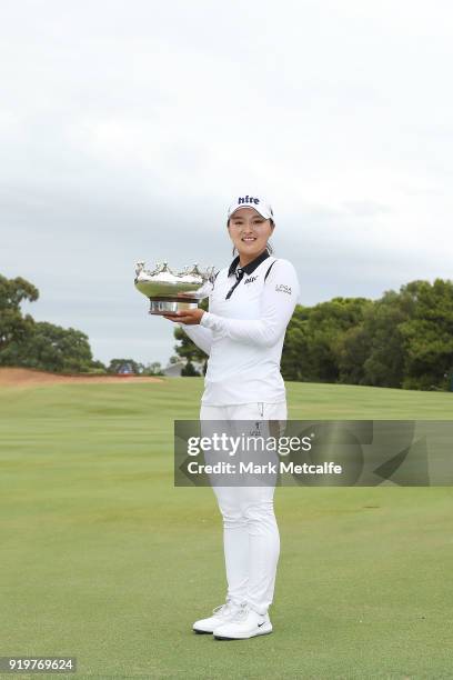 Jin Young Ko of South Korea poses with the trophy after winning the Women's Australian Open during day four of the ISPS Handa Australian Women's Open...