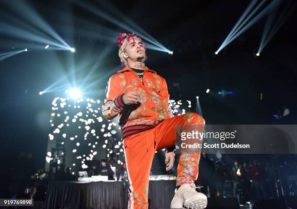 Rapper Lil Pump performs onstage during YG and Friend's Nighttime Boogie Concert at The Shrine Auditorium on February 17, 2018 in Los Angeles,...