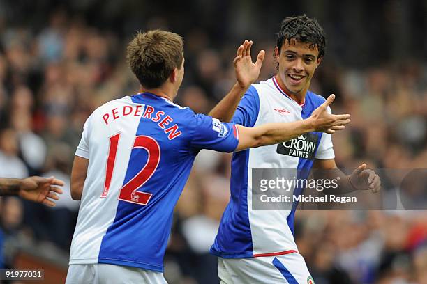Franco Di Santo of Blackburn celebrates scoring the 2nd Blackburn goal with Morten Gamst Pedersen during the Barclays Premier League match between...