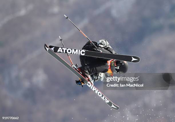 Fabian Boesch of Switzerland competes during the Freestyle Skiing Men's slopestyle Aerial Qualification on day nine of the PyeongChang 2018 Winter...