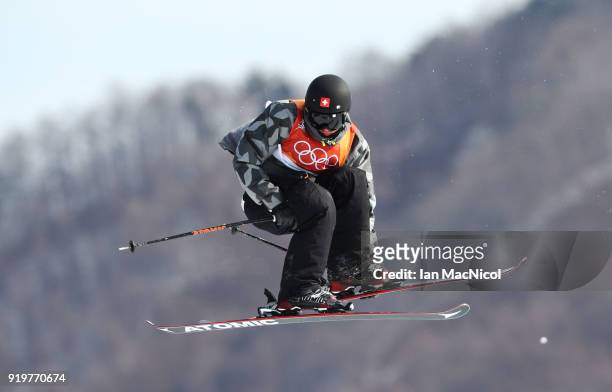 Fabian Boesch of Switzerland competes during the Freestyle Skiing Men's slopestyle Aerial Qualification on day nine of the PyeongChang 2018 Winter...