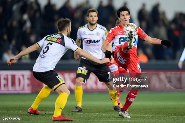 Jeremy Perbet forward of KV Kortrijk controls the ball in front of Mijat Maric defender of Sporting Lokeren during the Jupiler Pro League match...