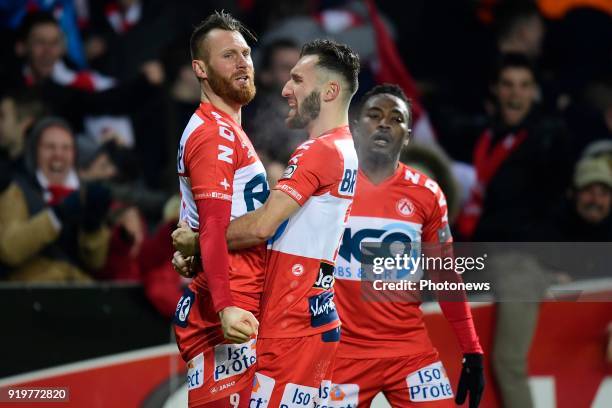 Teddy Chevalier forward of KV Kortrijk celebrates scoring a goal with teammate Idir Ouali forward of KV Kortrijk during the Jupiler Pro League match...