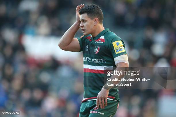 Leicester Tigers' Matt Toomua during the Aviva Premiership match between Leicester Tigers and Harlequins at Welford Road on February 17, 2018 in...