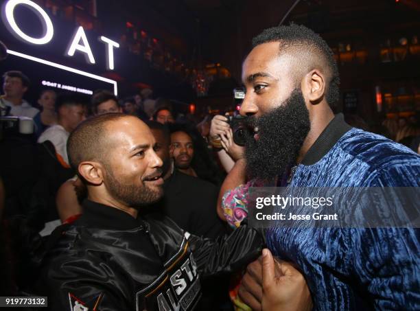 Harold Hadnott and James Harden attend GOAT and James Harden celebrate NBA All-Star Weekend 2018 at Poppy on February 17, 2018 in Los Angeles,...