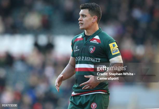 Leicester Tigers' Matt Toomua during the Aviva Premiership match between Leicester Tigers and Harlequins at Welford Road on February 17, 2018 in...