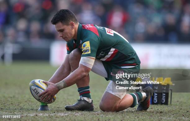 Leicester Tigers' Matt Toomua prepares to take a penalty during the Aviva Premiership match between Leicester Tigers and Harlequins at Welford Road...