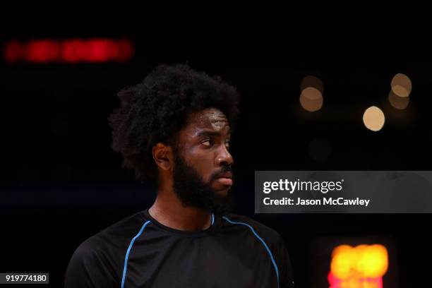 Rakeem Christmas of the Breakers looks on during during the warm-up before up prior to the round 19 NBL match between the Sydney Kings and the New...