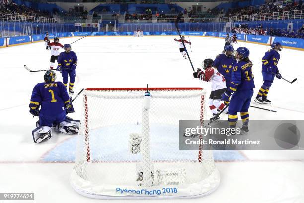 Suzuka Taka of Japan celebrates with teammates after a game winning goal in overtime by Ayaka Toko of Japan against Sweden during the Women's...