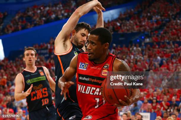 Bryce Cotton of the Wildcats drives under the basket during the round 19 NBL match between the Perth Wildcats and the Cairns Taipans at Perth Arena...