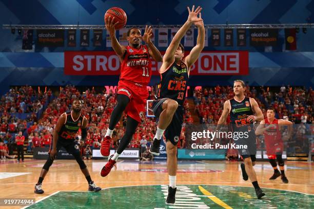 Bryce Cotton of the Wildcats lays up during the round 19 NBL match between the Perth Wildcats and the Cairns Taipans at Perth Arena on February 18,...