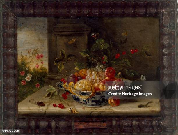 Decorative Still-Life Composition with a porcelain Bowl, Fruit and insects, mid 17th century. Formerly attributed to Peter van Kessel. Artist Jan van...