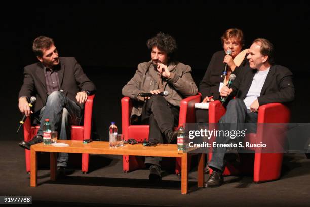 Actors Radu Mihaileanu and Aleksei Guskov attend 'The Concert' Press Conference during day 4 of the 4th Rome International Film Festival held at the...