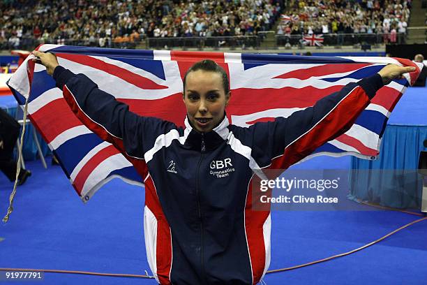 Beth Tweddle of Great Britain celebrates after she won gold in the floor exercise during the Apparatus Finals on the sixth day of the Artistic...