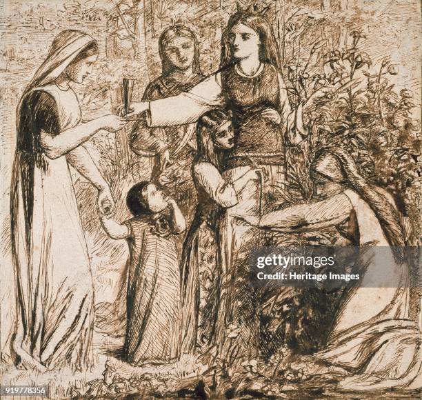 Dante's Vision of Matilda gathering Flowers, circa 1855. Artist Dante Gabriel Rossetti.