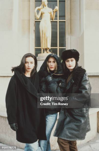 British singers Keren Woodward, Sara Dallin, Siobhan Fahey of pop vocal group Bananarama in Paris, France, 1989.