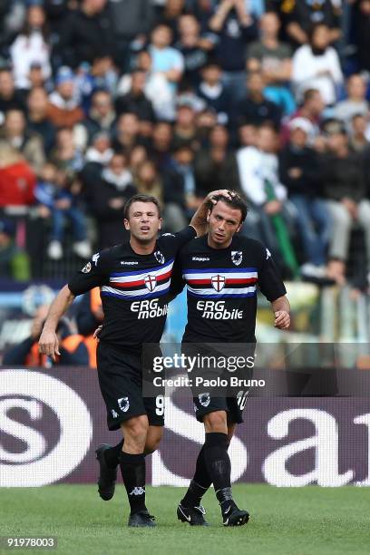 Giampaolo Pazzini and Antonio Cassano of UC Sampdoria celebrate Pazzini's 40th minute strike and opening goal during the Serie A match between SS...