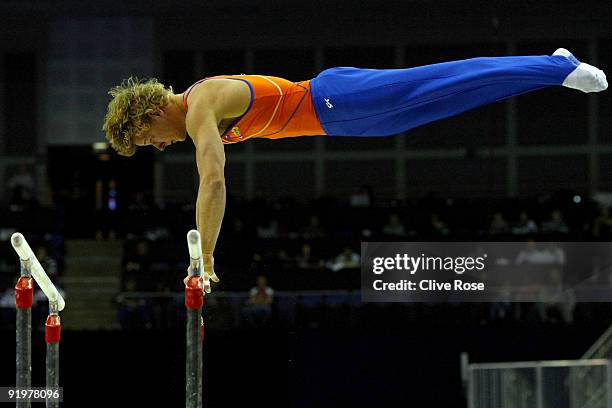 Epke Zonderland of the Netherlands competes in the parallel bars during the Apparatus Finals on the sixth day of the Artistic Gymnastics World...