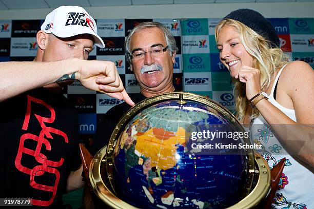 Former ASP Men's World Champion Mick Fanning of Australia, Mayor of Peniche Antonio Jose Correia and ASP Women's World Champion Stephanie Gilmore of...